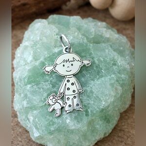 Silver Girl and Teddy Bear pendant Charm Taxco, Mexico handmade jewelry.